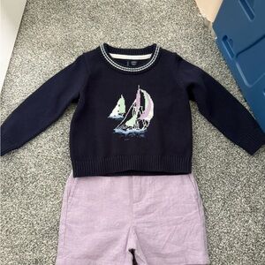 Janie and Jack Navy Sweater with Sailboat Design and Purple Linen Shorts set